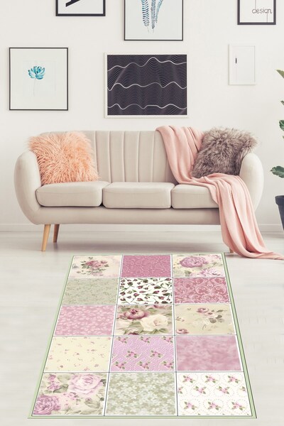 Pelangi Pembe Gül Karanfil Patchwork Desenli Yıkanabilir Kaymaz Taban Leke Tu...