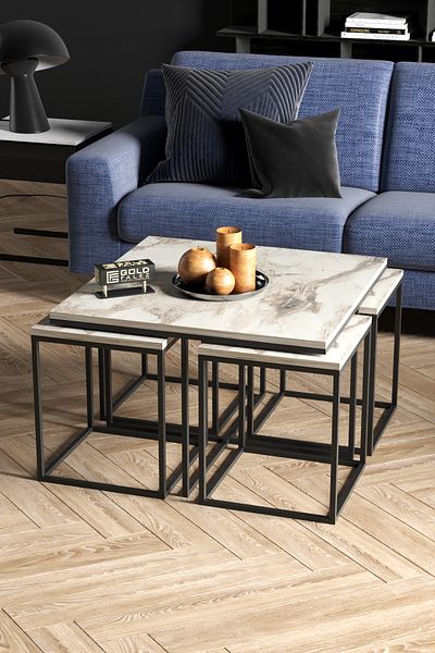 GOLDFALEZ 5-Piece Modern Nesting Coffee Table Set - 1 Center Table  + 4 Side Tables - Black Metal Frame