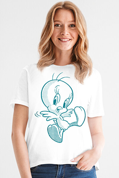 ROCKANDROLL Neşeli Kuş Beyaz Kısa Kollu Kadın T-shirt