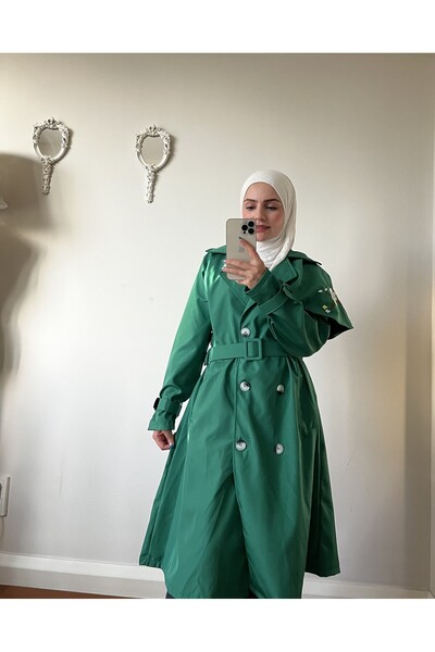 Esre Store İşleme Detaylı Tesettür Trençkot Yeşil