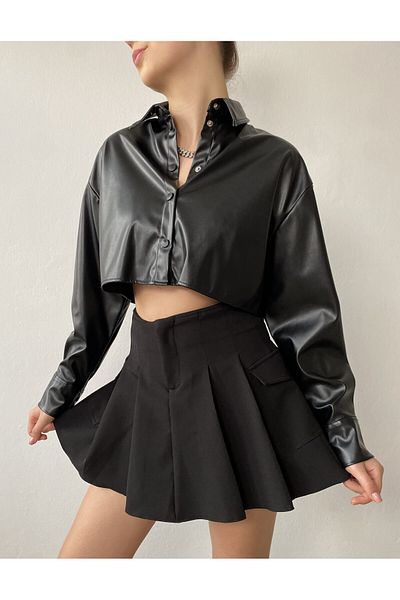minaaise Cămașă Crop din piele 26062 - Neagră