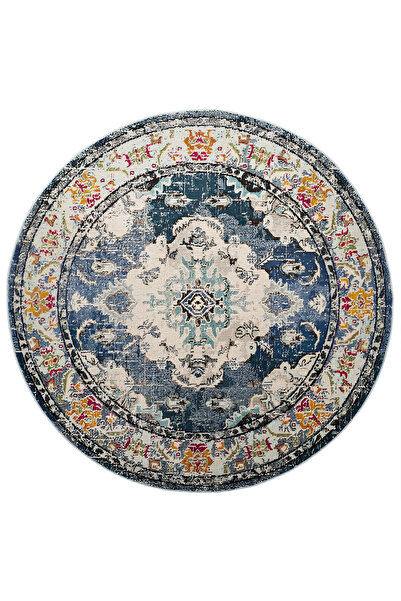 Rugs Modern Halı Lacivert Ton Çok Renkli Geleneksel Motif Desenli Vintage Dok...