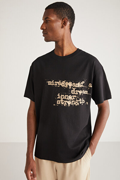 GRIMELANGE Pánské tričko Brady Oversize Fit ze 100% bavlny s tlustou texturou s potiskem