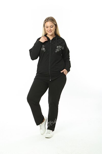 Modalizza Giyim Дамски черен анцуг с голям размер и качулка с щампи с камъни