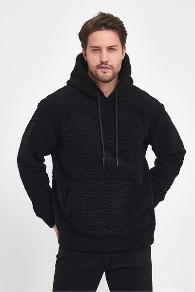 MADZEYMODA Мъжки черен плюшен суичър с качулка