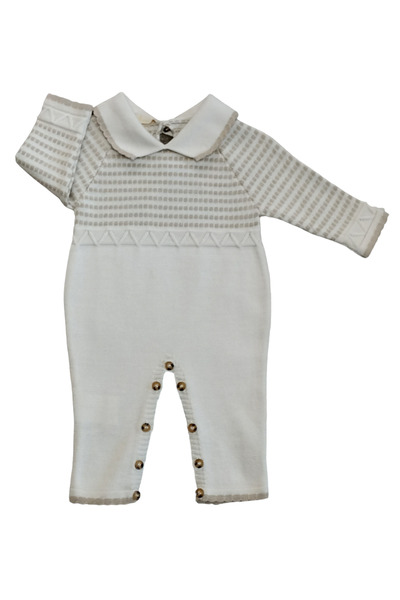 Zeni Kids Unisex Triko Bebek Tulum- Gömlek Yaka Ağ Bölümü Düğmeli Bebek Triko...