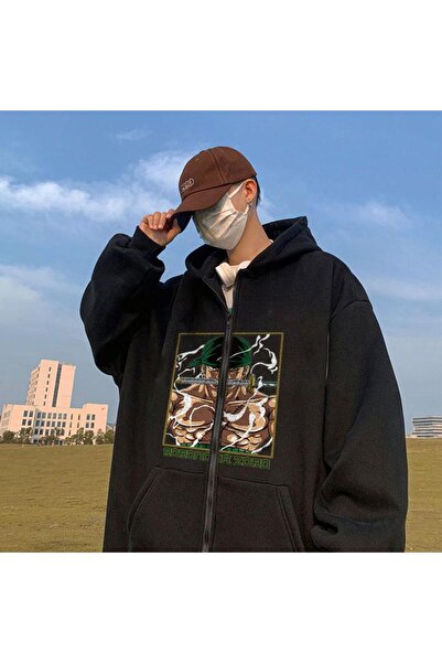 Violon سترة بقلنسوة سوداء كبيرة الحجم للجنسين من One Piece Roronoa Zoro مطبوع...