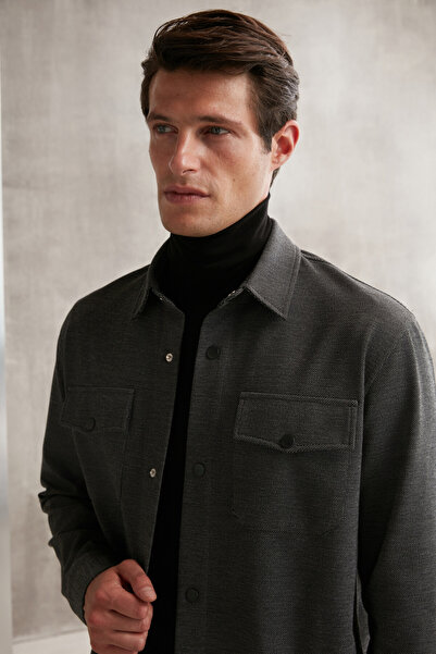 GRIMELANGE Pánská antracitová bunda z tlusté tkaniny se zapínáním na zip se speciálním pique lookem