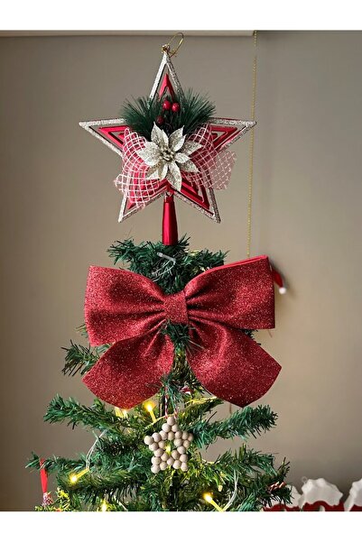 Masalsı Concept Luxury Christmas Pine Tree Ornament Red Star Peak Ornament Star Peak and Eva Red Bow Ornament