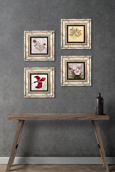 Pinecone Rose, Vintage Flower, Tulip, Butterfly Flower Stone Wall Painting Framed Wall Decor Set of 4 Tk4-1866