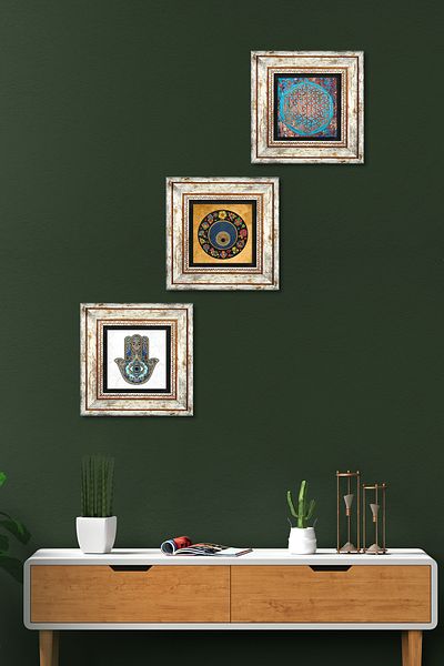 Pinecone Flower of Life, Evil Eye Bead, Hand of Mother Fatma (Hamsa) Stone Wall Painting Framed Wall Decor 3 Pieces