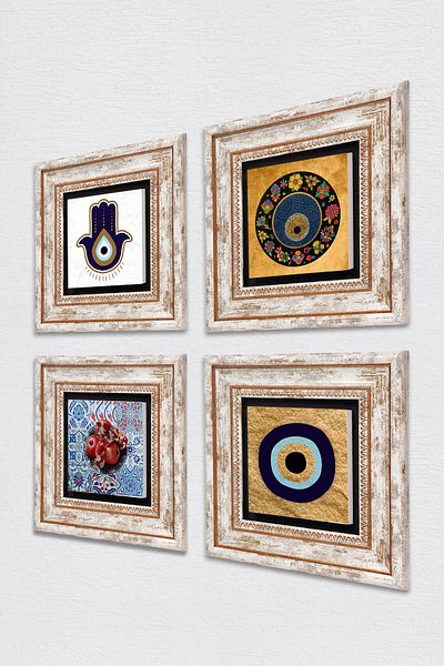 Pinecone Fatma Ana Hand (HAMSA), Evil Eye, Pictură pe perete cu piatră de rodie Decor de perete înrămat Set de 4 picturi Tk4-1810