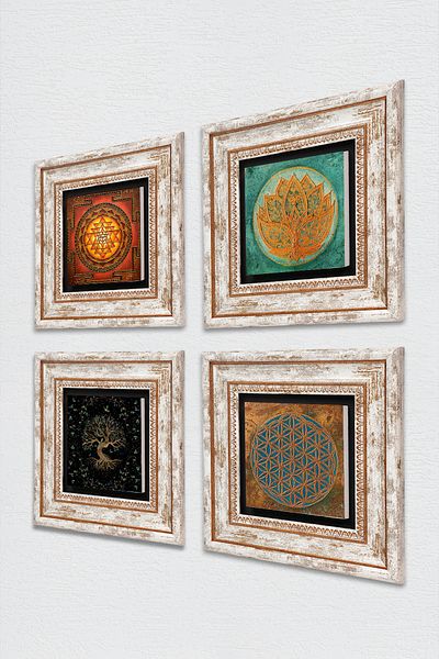 Pinecone Flower of Life, Tree of Life, Lotus Flower, Sri Yantra Stone Wall Painting Framed Wall Decor 4 Pieces