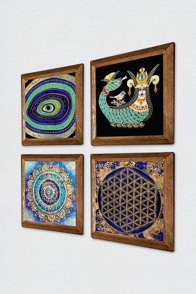 Pinecone Mandala, Evil Eye, Flower of Life, Shahmeran Stone Wall Painting with Wooden Frame Wall Decor Painting W4-778