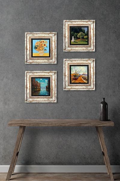 Pinecone Van Gogh, Claude Monet Pictură pe perete de piatră Decor de perete înrămat Set de pictură 4 piese Wall Art Tk4-1022