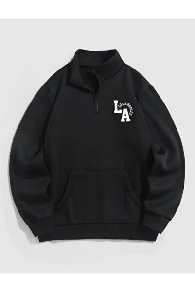ALİKA Unisex Black LA Stand-up Collar Zippered Oversize Sweatshirt