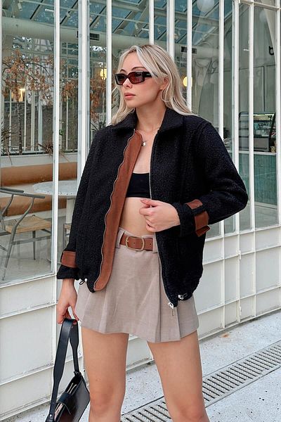 Swist Black Zippered Nubuck Cuff Detailed Women's Boucle Coat