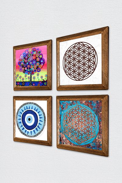 Pinecone Evil Eye, Flower of Life, Tree of Life Stone Wall Painting Wooden Framed Wall Decor 4 Piece Painting W4-834