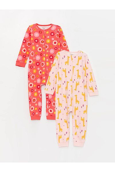 LC Waikiki LCW baby Crew Neck Long Sleeve Patterned Baby Girl Jumpsuit 2-pack