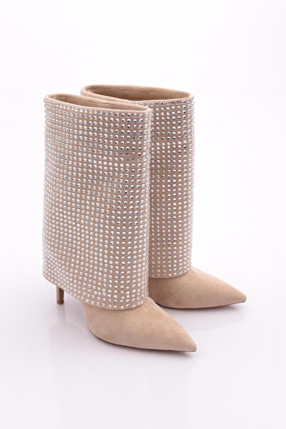 DGN Γυναικείες μπότες με τακούνι με πέτρα μπεζ σουέντ ασημί πέτρα 22383236