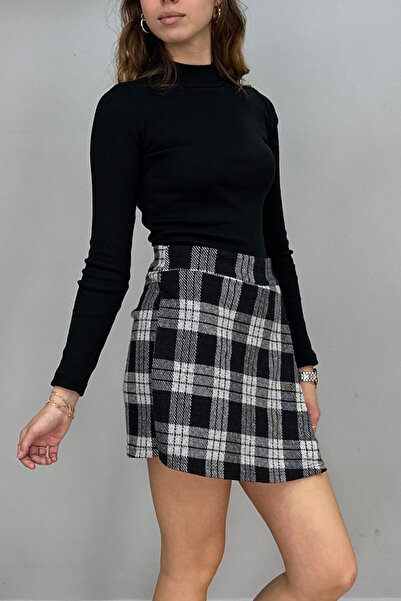 Tam Moda Kadın Kaşe Görünümlü Kışlık Şort Etek Gri-Siyah Ekose