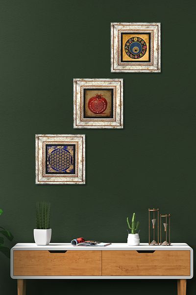 Pinecone Flower of Life, Evil Eye Bead, Prayer of Fertility Stone Wall Painting Framed Wall Decor Set of 3 Wall Art