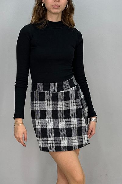 Tam Moda Fusta scurtă de iarnă cu aspect de ștampilă pentru femei, carouri gri-negru