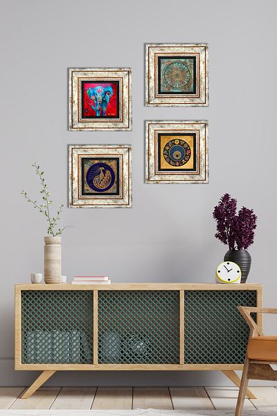 Pinecone Elephant, Peacock, Flower of Life, Evil Eye Stone Wall Painting Framed Wall Decor 4 Piece Set Tk4-314