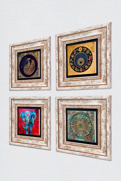 Pinecone Elephant, Peacock, Flower of Life, Evil Eye Stone Wall Painting Framed Wall Decor 4 Piece Set Tk4-314