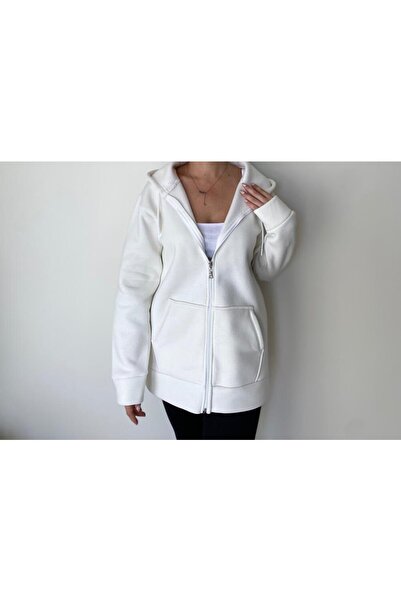 Butikk 3 Iplik Şardonlu Fermuarlı Sweatshirt Beyaz