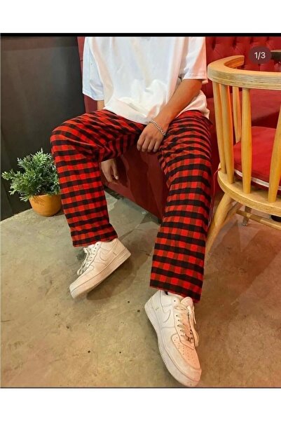 Violon Harajuku Kare Ekose Desenli Kırmızı Unisex Rahat Kesim Pijama Eşofman Altı