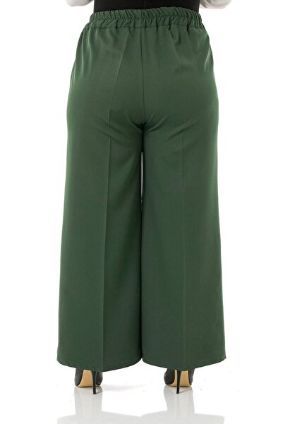 Aşkı Endam Large Size Mayra Side Pocket Dumbbell Crepe Wide Leg Trousers - Khaki