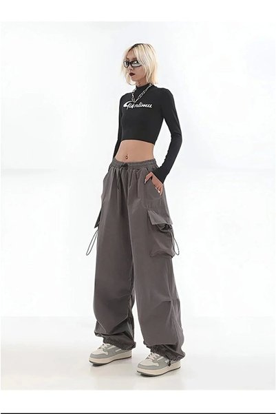 Violon Unisex Smoked Tactical Wide Leg Cargo Pocket Elastic Wide Leg Loose Cut Oversize Cargo Pants