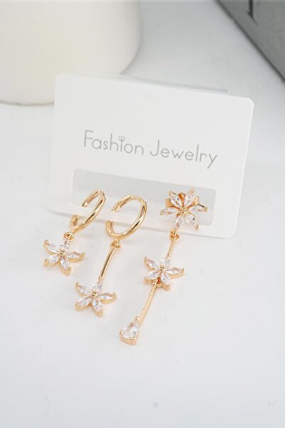 By Zeyna Aksesuar Kadın Vip Seri Zirkon Taşlı 3'lü Küpe