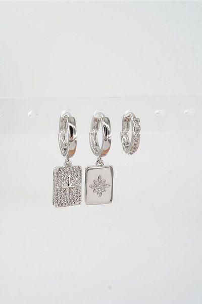 By Zeyna Aksesuar Women's Vip Series Zircon Stone 3-Piece Earrings