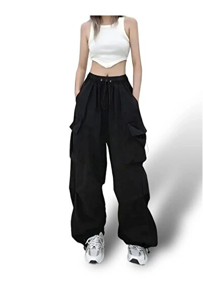 Violon Unisex Siyah Tactical Bol Paça Cargo Cep Lastikli Wide Leg Salaş Kesim...