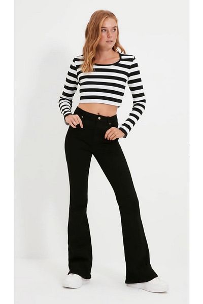 Geppetto Pantaloni de damă cu talie înaltă, negri, cu picior evazat, pantaloni flexibili din denim lycra (potrivire completă)