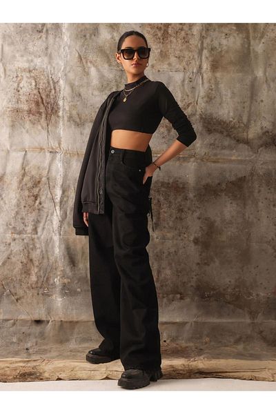 Geppetto Beauty Women's High Waist Black Denim Pants Black Loose Jeans Lycra Flexible Palazzo