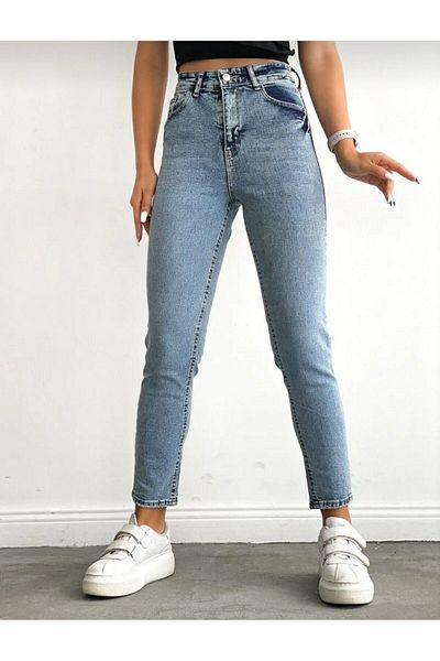 Geppetto Pantaloni Mom Jeans cu talie înaltă Lycra albastru deschis