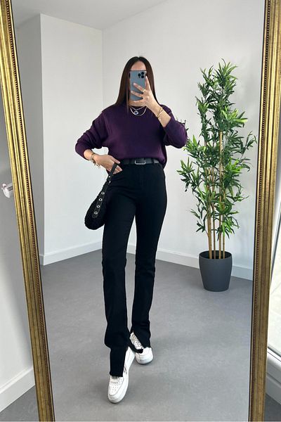 Geppetto Black Slit Flare Leg High Waist Zipper Fit Mold Pocket Lycra Denim Jeans