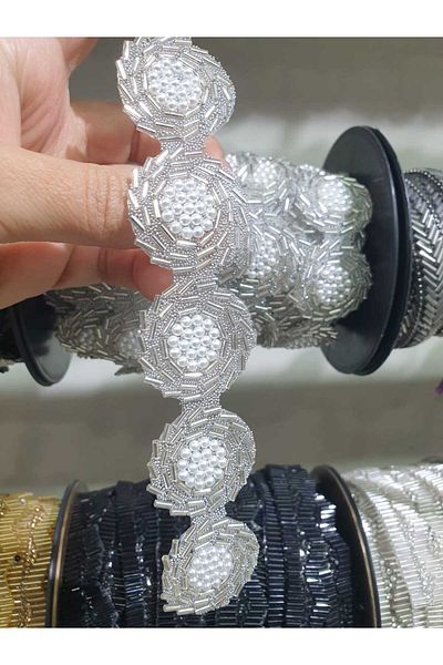 ESRA ŞELEM Iron-On White Beaded and Pearled Decorative Ribbon Accessory