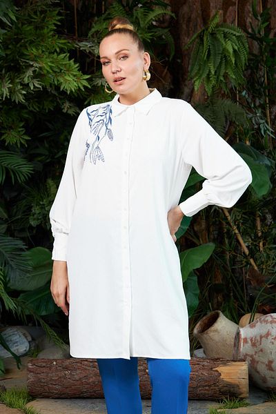 RMG Embroidery and Stone Embroidered Plus Size Long Ecru Shirt Tunic