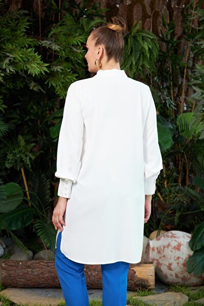 RMG Embroidery and Stone Embroidered Plus Size Long Ecru Shirt Tunic