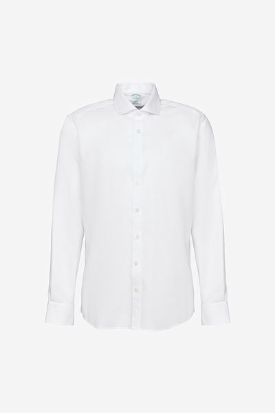 BROOKS BROTHERS Ανδρικό λευκό 100% βαμβακερό πουκάμισο ιταλικού γιακά με λεπτή εφαρμογή
