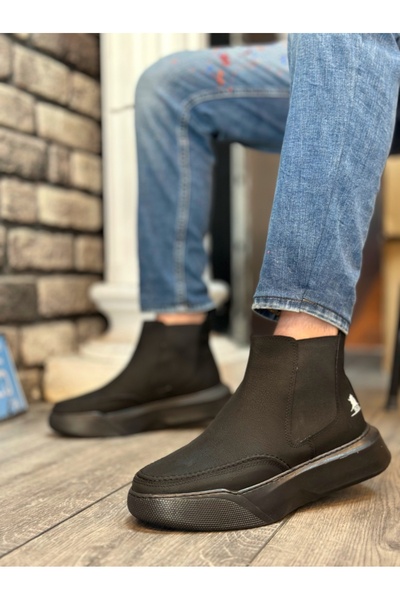 TUGERDİ Bağcıksız Lastikli Yüksek Taban Yeni Siyah Taban Erkek Spor Bot TGE230300