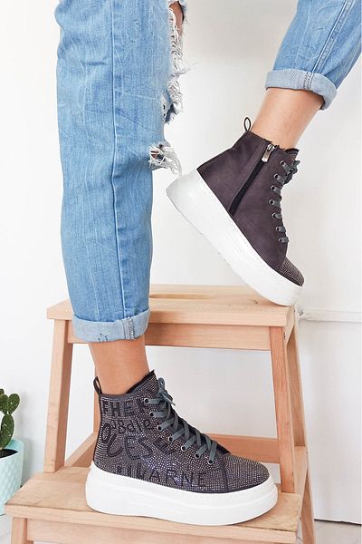 GDT Ayakkabı Γκρι Χρώμα Suede Stone Κεντημένες μπότες με κορδόνια