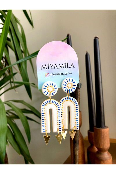 TREND Bohemian Alaçatı Style Blue Gold Detailed Triangle Steel Accessory Polymer Earrings