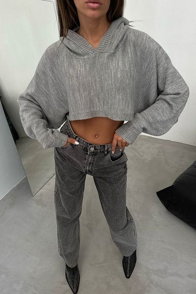 lovebox Women's Hooded Detailed Crop Gray Sweater 23W16012