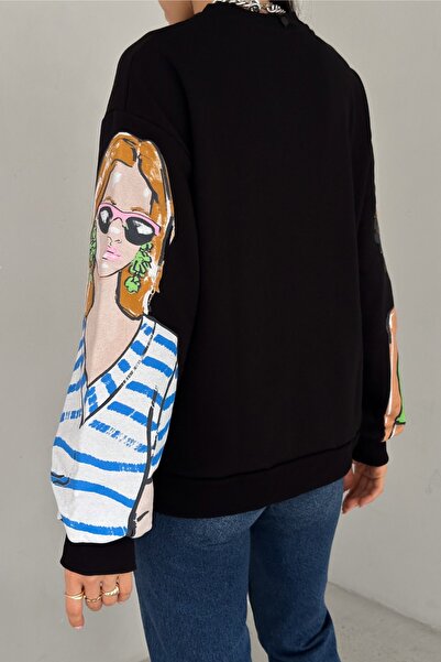 FEMELLE Γυναικείο μπλουζάκι από βαμβακερό εμπριμέ με 3 κλωστές σε μαύρο χρώμα