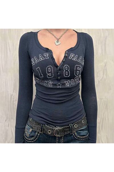 Karakedi Navy Blue Vintage Naat Faak Rock More - Μακρυμάνικο Crop KK